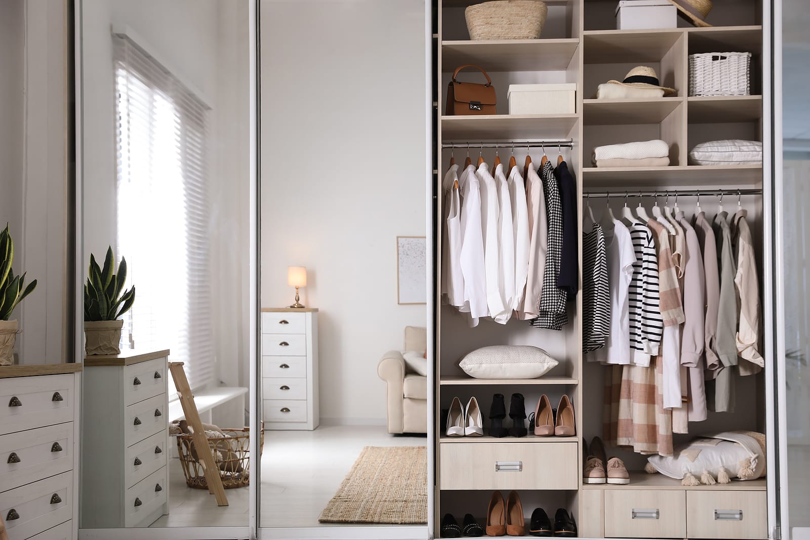 Large closet with mirror doors and a white dresser