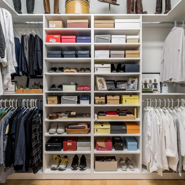 white shelving organizing colorful items