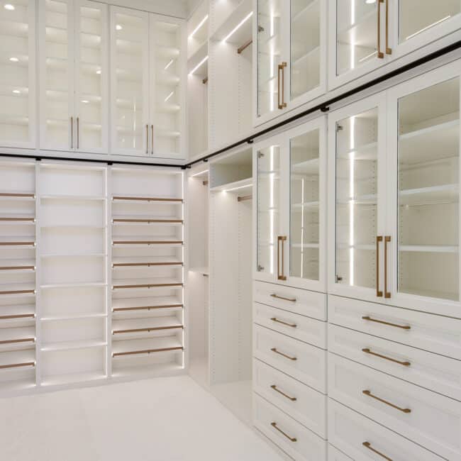 newly installed walk in closet with white shelves and a ladder railing