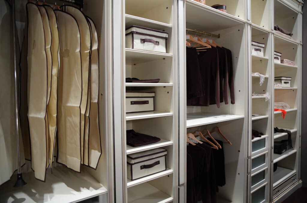 organized closet with garment bags and bins for organization